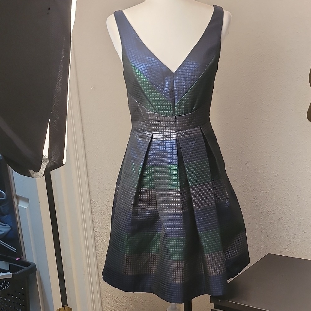 Eva Franco Metallic Navy, Silver and Green Textured Striped V-Neck Mini Dress